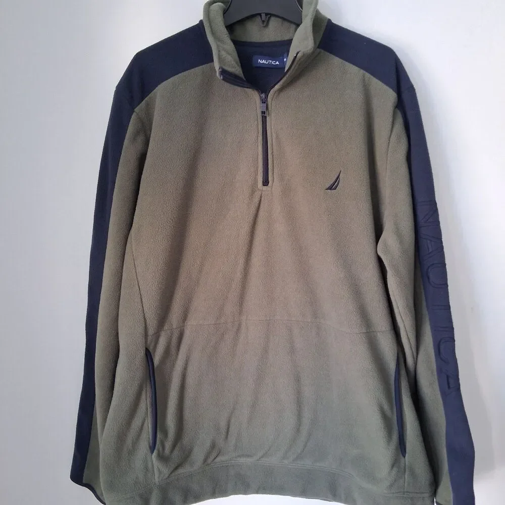 Nautica Men’s Fleece Pullover 1/4 Zipper Olive Green Navy Blue size XXL